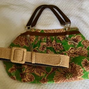 Marni green floral coated raffia tote handbag